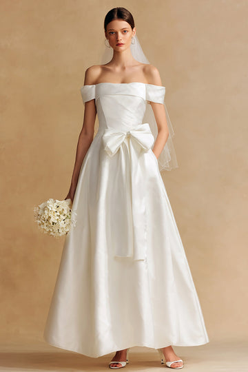 Off The Shoulder White A Line Courthouse Wedding Dress with Bow